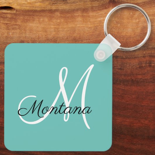 Monogram Elegant Modern Simple Girly Blauwgroen Sleutelhanger (Achterkant)