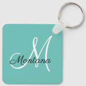 Monogram Elegant Modern Simple Girly Blauwgroen Sleutelhanger (Achterkant)