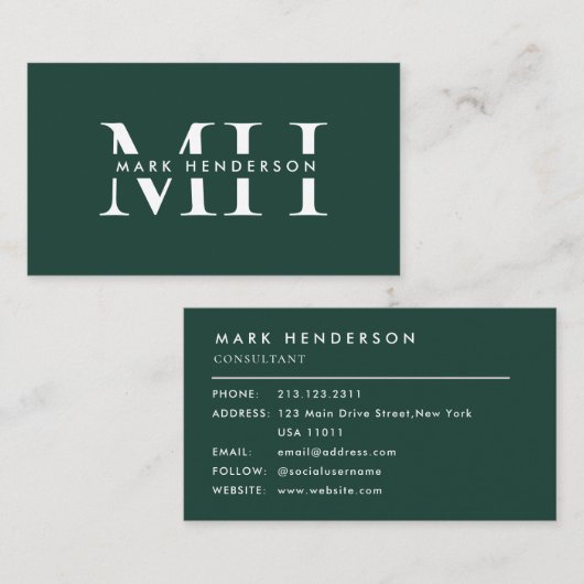 Monogram Elegant Modern Smaragd Groen Visitekaartje (Voorkant / Achterkant)