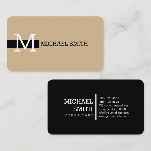 Monogram Elegant Modern Tan & Black Visitekaartje (Voorkant / Achterkant)