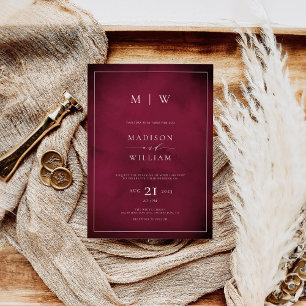 Monogram Elegant Modern Wijnrood Huwelijk Kaart
