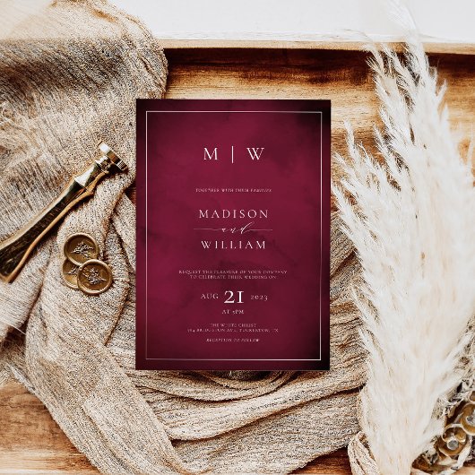 Monogram Elegant Modern Wijnrood Huwelijk Kaart