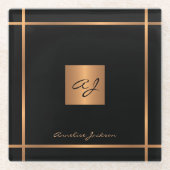 Monogram elegant modern zwart goud stijlvol glazen onderzetter (Voorkant)