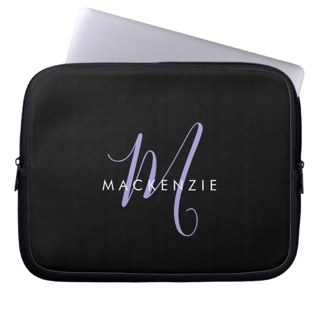 Monogram Elegant modern zwart lavenderscript Laptop Sleeve (Voorkant)