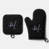 Monogram Elegant modern zwart lavenderscript Ovenwant & Pannenlap Set (Voorkant)