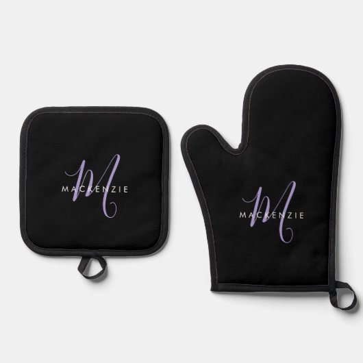 Monogram Elegant modern zwart lavenderscript Ovenwant & Pannenlap Set (Voorkant)
