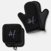 Monogram Elegant modern zwart lavenderscript Ovenwant & Pannenlap Set (Voorkant / Achterkant)