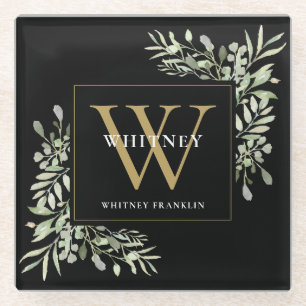 Monogram Elegant Moderne Groene Tinten Zwart Goud Glazen Onderzetter