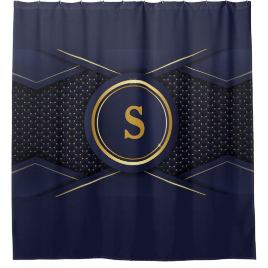 Monogram Elegant Navy Blauw Geometrisch Douchegordijn (Voorkant)