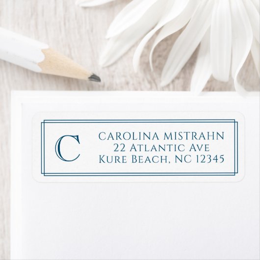 Monogram Elegant Navy Blauwe Rand Briefpapier Etiket (Insitu)