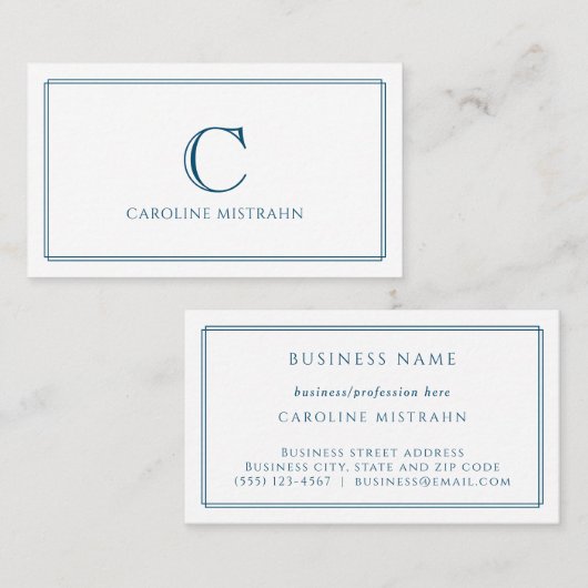 Monogram Elegant Navy Blauwe Rand Briefpapier Visitekaartje (Voorkant / Achterkant)