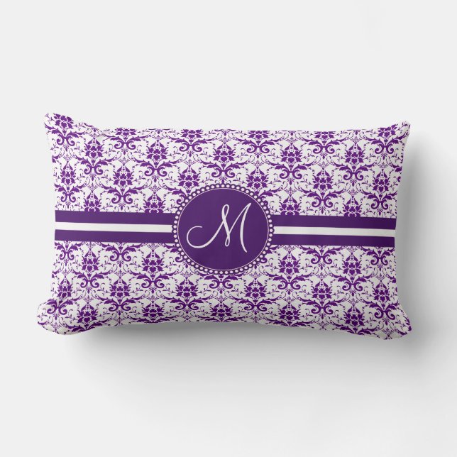 Monogram Elegant  Paars en White Damask Kussen (Voorkant)