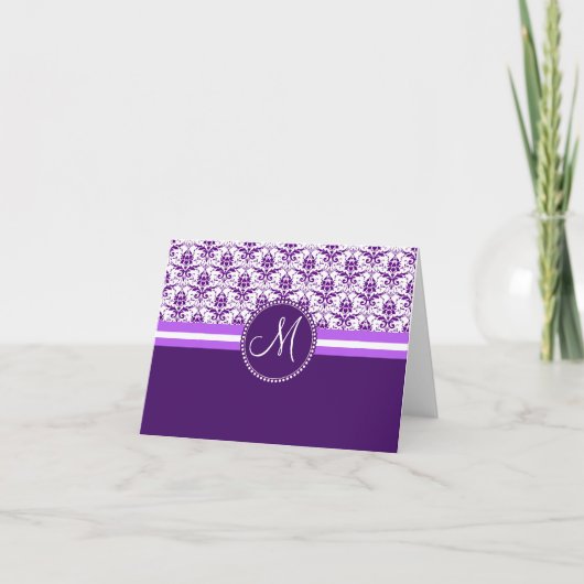 Monogram Elegant  Paars en White Damask Notitiekaartje (Voorkant)