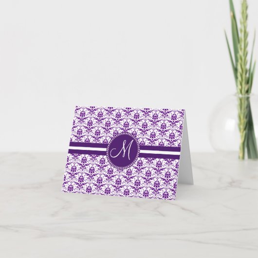 Monogram Elegant  Paars en White Damask Notitiekaartje (Voorkant)