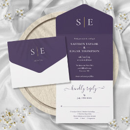 Monogram Elegant Paarse en Gouden Bruiloft All In One Uitnodiging