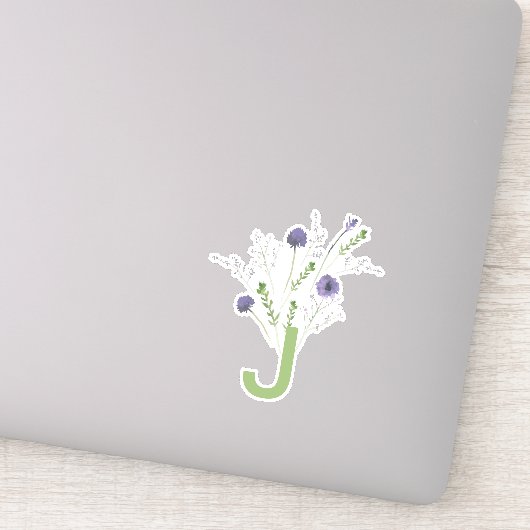 Monogram Elegant Paarse Groene Bloemen Patroon Sticker (Detail)