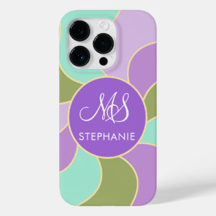 Monogram Elegant Paarse Groene Retro Zonnegolven Case-Mate iPhone 14 Pro Hoesje