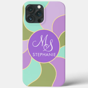 Monogram Elegant Paarse Groene Retro Zonnegolven Case-Mate iPhone Case