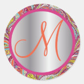 Monogram Elegant Pink en Silver  Paisley Ronde Sticker (Voorkant)