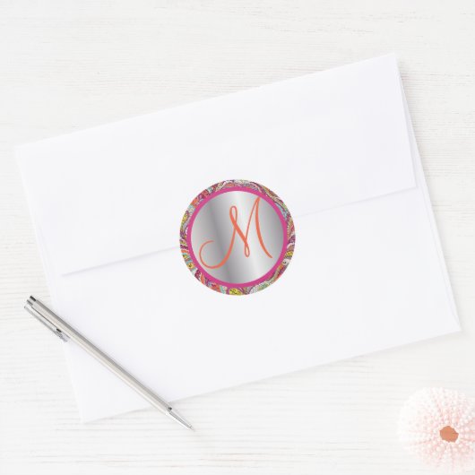 Monogram Elegant Pink en Silver  Paisley Ronde Sticker (Envelop)