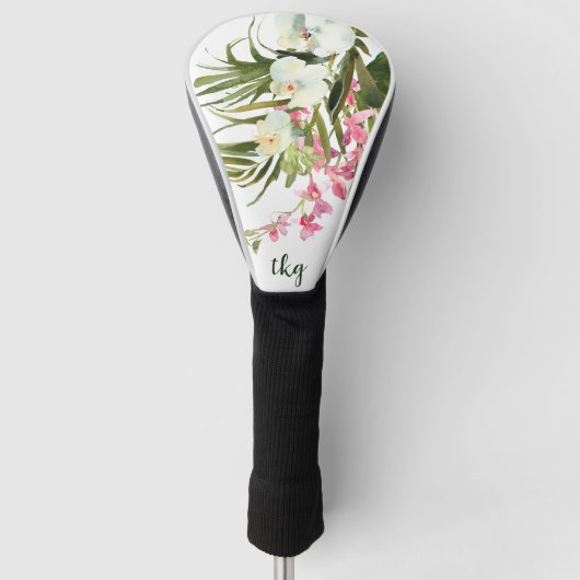 Monogram Elegant Pink Floral Tropische Palmen Golfheadcover (Voorkant)