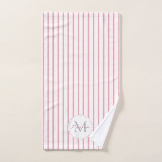 Monogram Elegant Pink French Ticking Stripes Name Bad Handdoek (Handdoek)