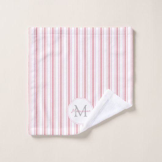 Monogram Elegant Pink French Ticking Stripes Name Bad Handdoek (Wasdoekje)