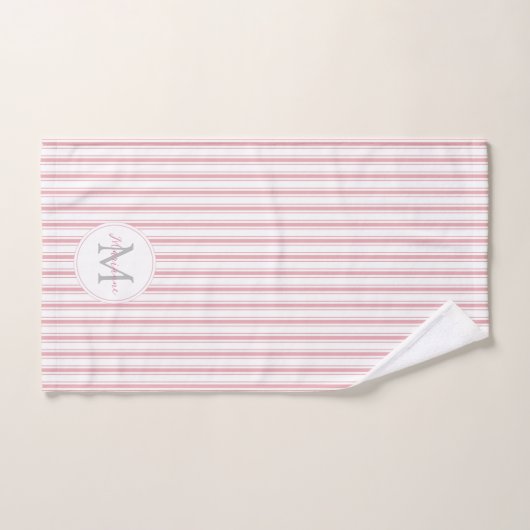 Monogram Elegant Pink French Ticking Stripes Name Bad Handdoek (Handdoek)