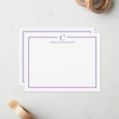 Monogram Elegant Purple Border Stationery Notitiekaartje (Voorkant / Achterkant in situ)