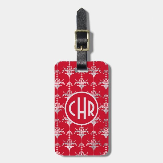 Monogram Elegant Red en White Damask Bagagelabel (Voorkant verticaal)