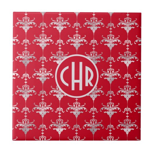 Monogram Elegant Red en White Damask Tegeltje (Voorkant)