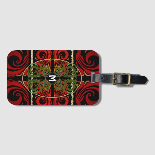 Monogram Elegant Red & Green Pattern Bagagelabel (Voorkant (horizontaal))