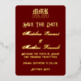 Monogram Elegant Rood & Goud Save the Date Folie Uitnodiging