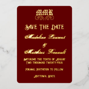 Monogram Elegant Rood & Goud Save the Date Folie Uitnodiging
