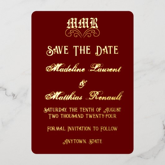 Monogram Elegant Rood & Goud Save the Date Folie Uitnodiging (Voorkant)