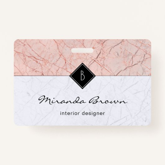 Monogram Elegant Roos Gold Grey Marble Badge (Voorkant)