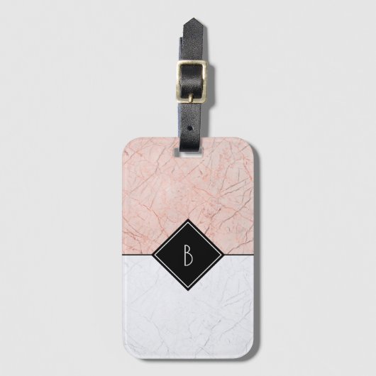 Monogram Elegant Roos Gold Grey Marble Bagagelabel (Voorkant (verticaal))