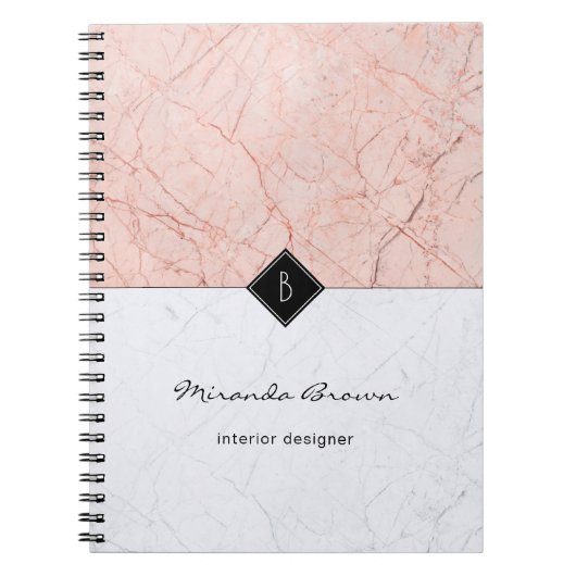 Monogram Elegant Roos Gold Grey Marble Notitieboek (Voorkant)