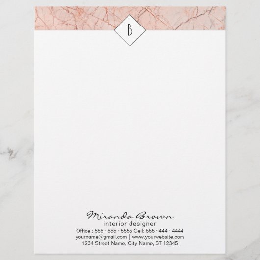 Monogram Elegant Roos Gold Marble Letterhead Persoonlijk Briefhoofd (Voorkant)