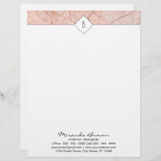 Monogram Elegant Roos Gold Marble Letterhead Persoonlijk Briefhoofd (Voorkant / Achterkant)