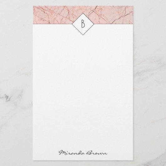 Monogram Elegant Roos Gold Marble Stationery Briefpapier (Voorkant)