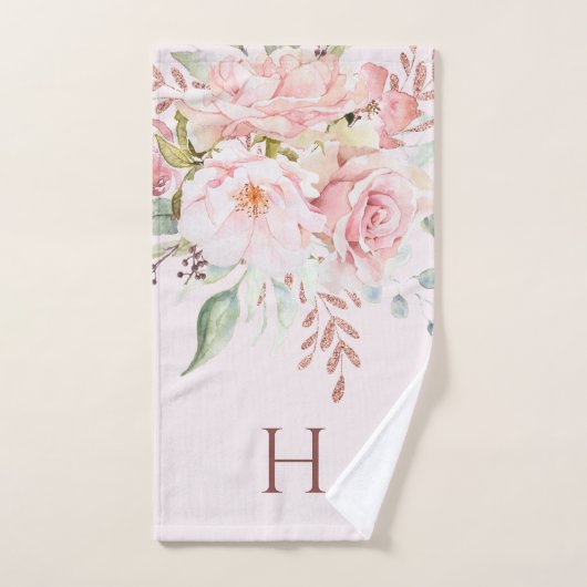 Monogram Elegant Roze Roze Pioen Bloemen Bad Handdoek (Handdoek)