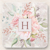Monogram Elegant Roze Roze Pioen Bloemen Marmer Bier Onderzetter (Voorkant)