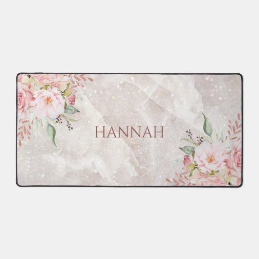 Monogram Elegant Roze Roze Pioen Bloemen Marmer Bureaumat (Voorkant)