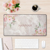 Monogram Elegant Roze Roze Pioen Bloemen Marmer Bureaumat