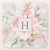Monogram Elegant Roze Roze Pioen Bloemen Marmer Kartonnen Onderzetters (Voorkant)