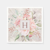Monogram Elegant Roze Roze Pioen Bloemen Marmer Servet (Voorkant)