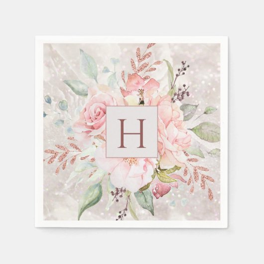Monogram Elegant Roze Roze Pioen Bloemen Marmer Servet (Voorkant)
