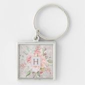 Monogram Elegant Roze Roze Pioen Bloemen Marmer Sleutelhanger (Voorkant)