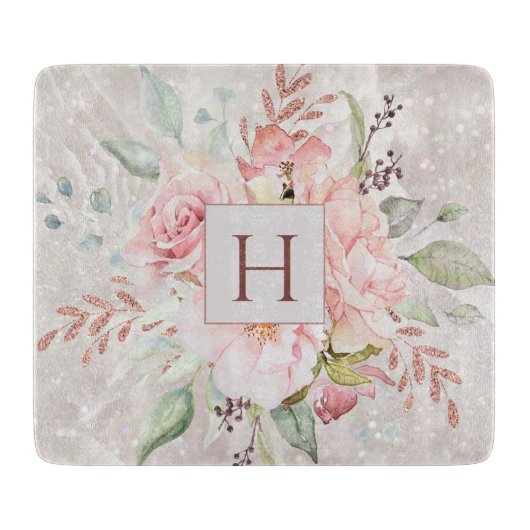 Monogram Elegant Roze Roze Pioen Bloemen Marmer Snijplank (Voorkant)